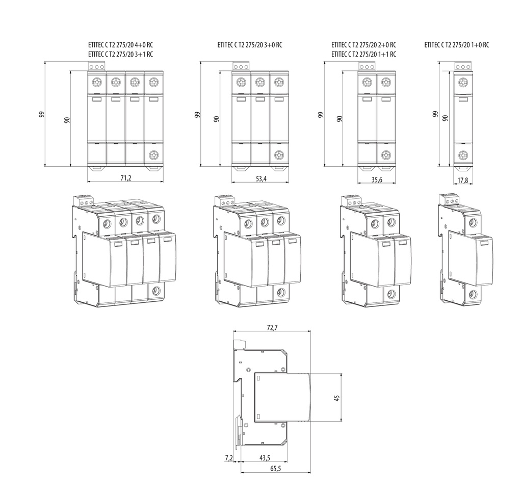 Креслення Обмежувач перенапруги ЕТІ ЕТІТЕС C T2 275/20 (3+0) 3p